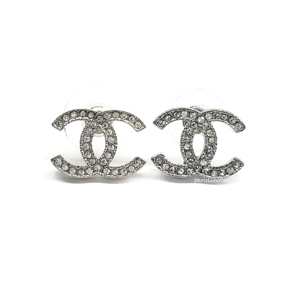 CHANEL A14 V Silver Moscova Medium Rhinestone Earrings